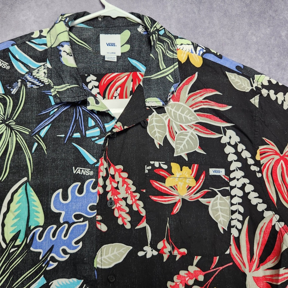 Vans Mens XXL Black Floral Tropical Split Print Short Sleeve Button Up Shirt - Picture 3 of 14